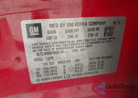 2015 Chevrolet Trax Lt z USA, uszkodzony, nr VIN KL7CJRSB6FB058119